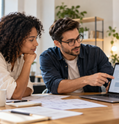 Small-business owner and web designer reviewing a landing page on a laptop.