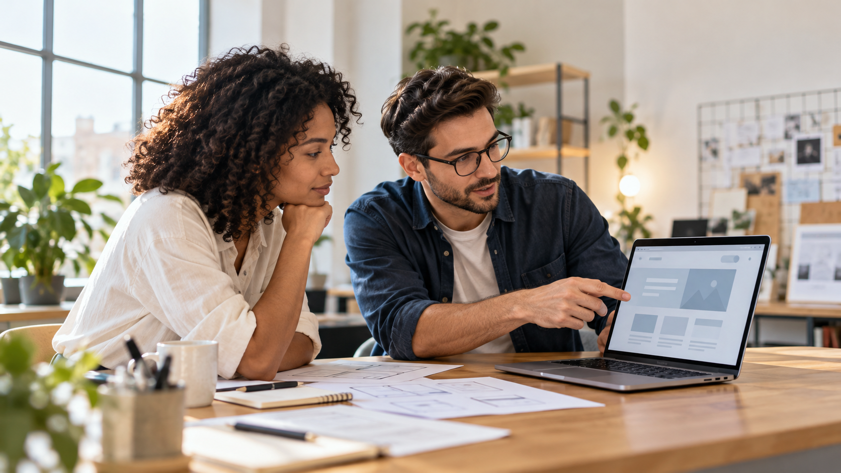 Small-business owner and web designer reviewing a landing page on a laptop.